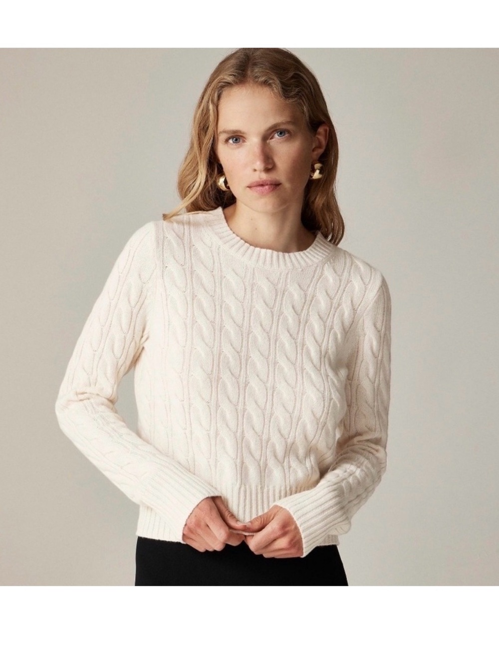 J.Crew Cashmere Shrunken Cable-Knit Crewneck Sweater, Cream (Sz XXS)